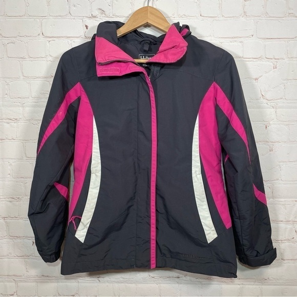 L.L.Bean Jacket Girls Medium 10-12 Gray Pink Full Zip Hooded Pockets - Picture 1 of 13